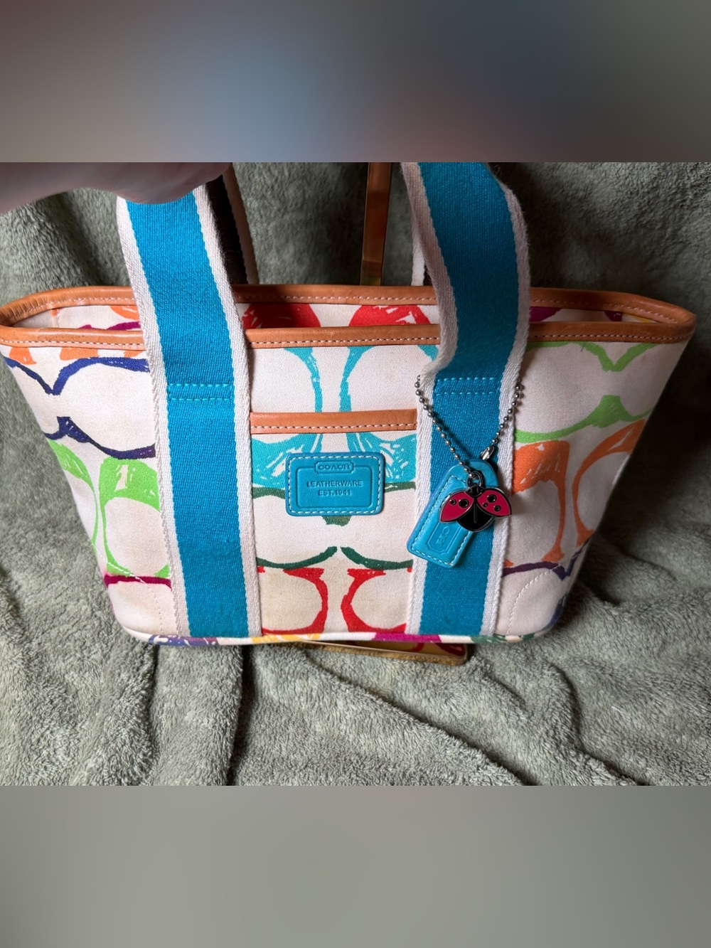 Vintage Coach Hamptons Signature Mini Tote with Original Enamel Ladybug Charm
